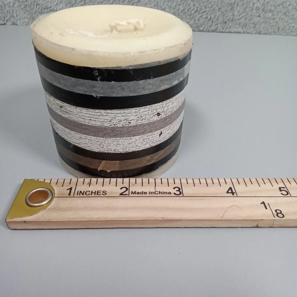 Set of 2 Modern Striped‎ Pillar Candles Black Grey White Tan Neutral Decor 3x3